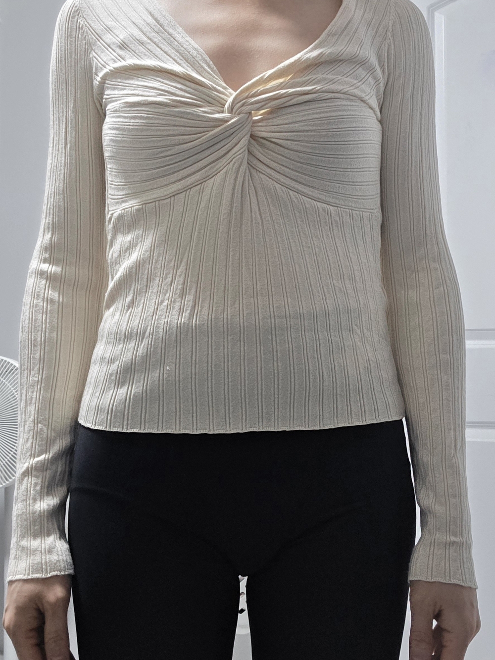 Mango Ribbed Twist-Front Long Sleeve Top - Cream